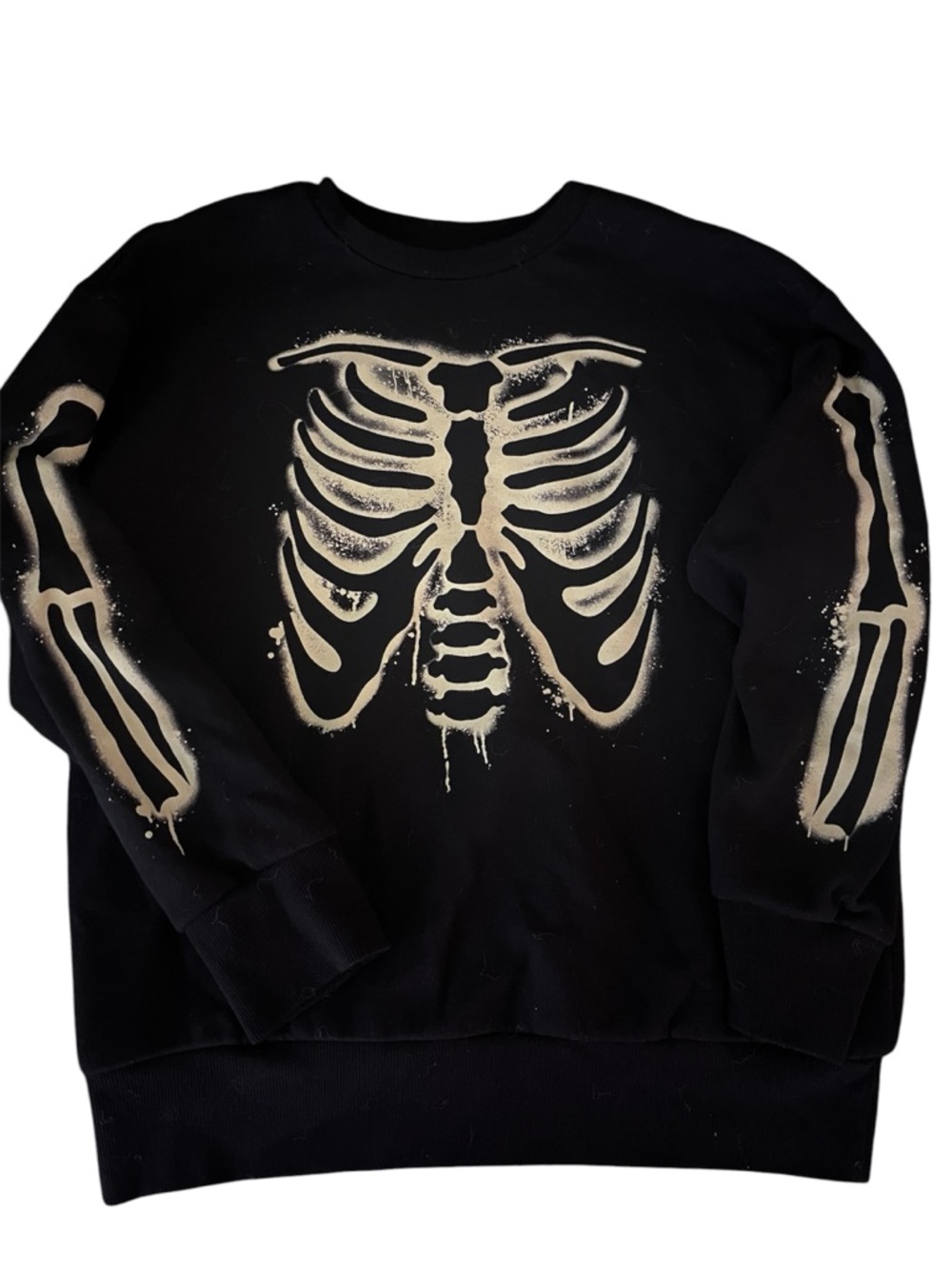 Black Crewneck Sweater with Bone Skeleton Graphic